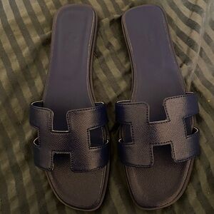 Hermes Midnight Blue Leather Sandals